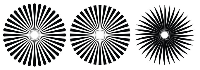 Radial circle lines. Circular lines elements. Symbol of Sun star rays. Flat design elements. Spokes with radiating stripes. Abstract illusion geometric shapes. Circular radiating lines. EPS 10