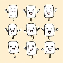 Cheerful popsicles with happy faces and raised arms on a plain background for children's illustration