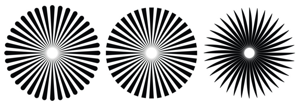 Radial circle lines. Circular lines elements. Symbol of Sun star rays. Flat design elements. Spokes with radiating stripes. Abstract illusion geometric shapes. Circular radiating lines. EPS 10