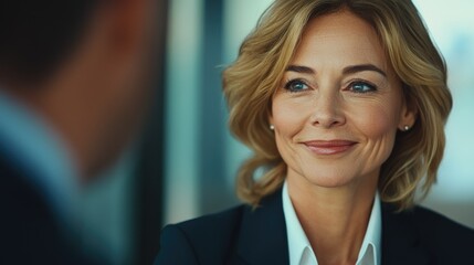 Obraz premium Confident woman wearing a suit and tie, smiling at her colleague.