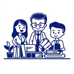 Colleagues work together over stacks of books in a library. Teamwork education concept