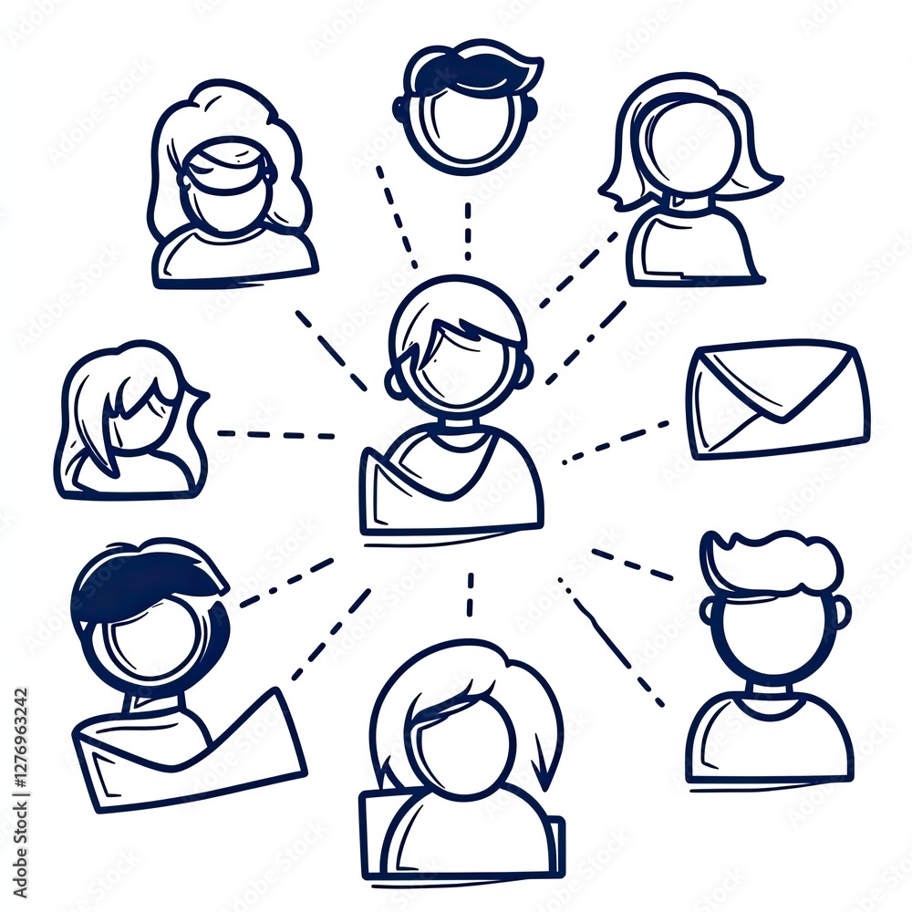 Poster connecting people icons for communication and networking with work team in the background