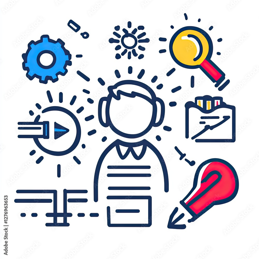 Poster creative process concept person is thinking with different symbols of development floating around