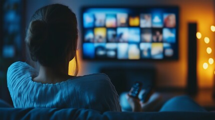 Woman watching content selection interface on TV screen at night.