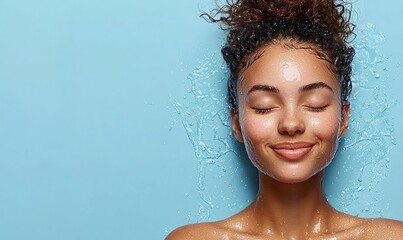 Naklejka premium Healthy skincare routine brings hydration and joy to a smiling woman against a light blue background