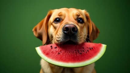 Labrador dog eats a large piece of ripe red watermelon.