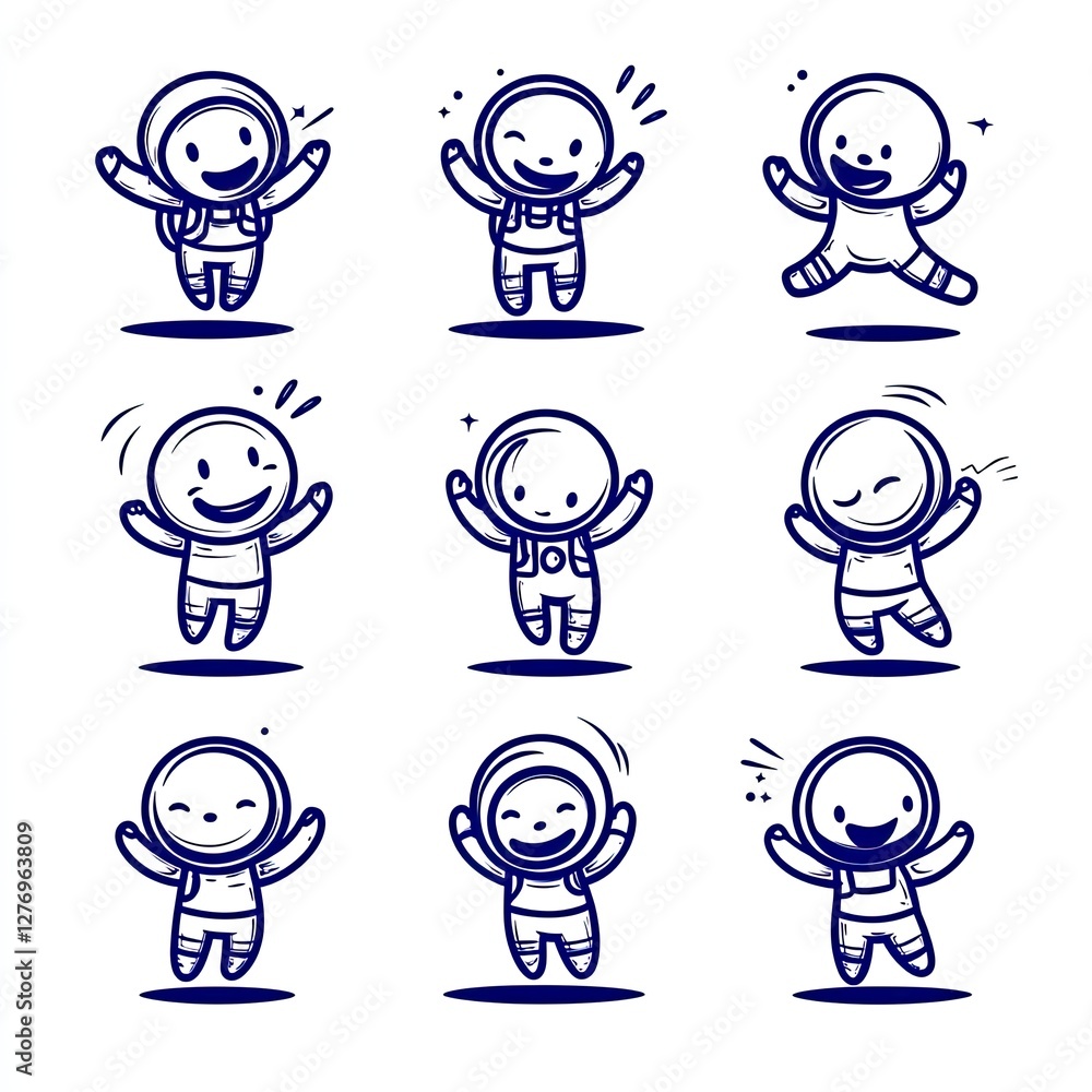 Poster cute astronaut characters collection, smiling, waving and jumping in outer space. possible use stick