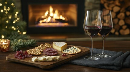 Cozy Evening with Wine and Cheese by the Fireplace