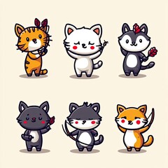 Fototapeta premium Cute cartoon cat archers stand on a white background. For fun graphics, cards, or prints