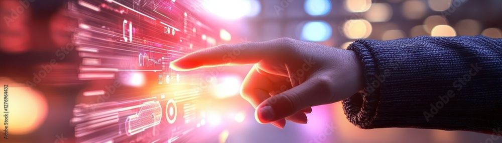 Poster hand navigating a futuristic digital interface, seamless blend of technology and design