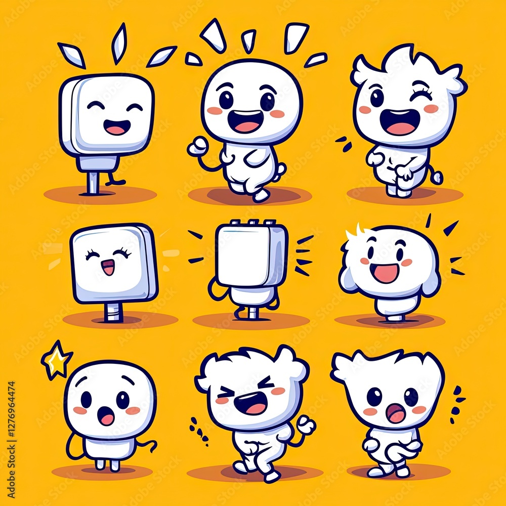 Poster cute cartoon characters with different expressions on a yellow background for animation and designs