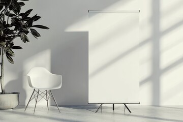 White roll-up banner in modern interior with soft shadows in neutral setting, perfect for promotional displays or presentations