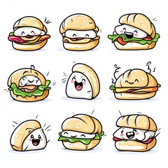 Cute cartoon sandwiches with funny faces. Fast food in the background. Menu design