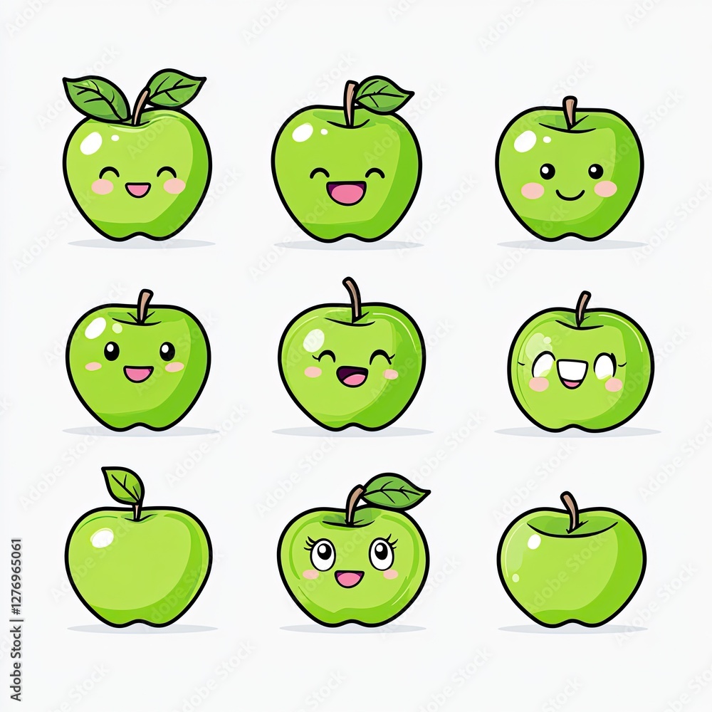 Poster cute green apples with different happy expressions in a grid on a clean white background