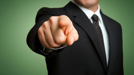 Confident businessman in suit points directly at you, engaging and assertive