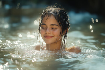 Fototapeta premium Young woman swims and bathes in water, spa relaxation, water treatments