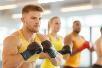 Fototapeta premium Group of fitness enthusiasts practicing boxing techniques in a modern gym setting