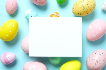 Happy Easter card. Easter eggs with white paper card on color background, top view