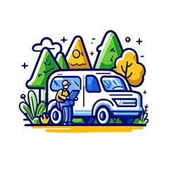 Fototapeta premium Delivery person checks device near van; mountains and nature in the backdrop; ideal for web use