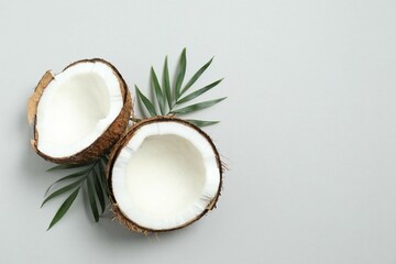 Coconut on gray background, top view