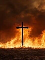 Cross in Flames - Silhouette of a wooden cross standing amidst fiery flames, against a dark and stormy sky. A powerful of faith and resilience