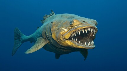Deep Sea Predator Fish - A close-up of a large, toothy fish in deep blue water. Its sharp teeth and intense gaze create a powerful