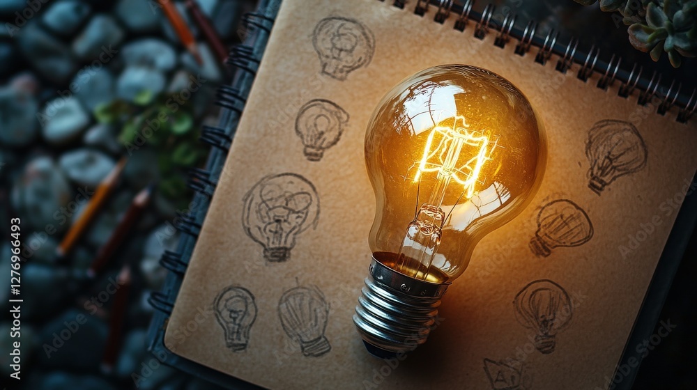 Poster a glowing light bulb illuminates sketches of various bulb designs on a textured notebook