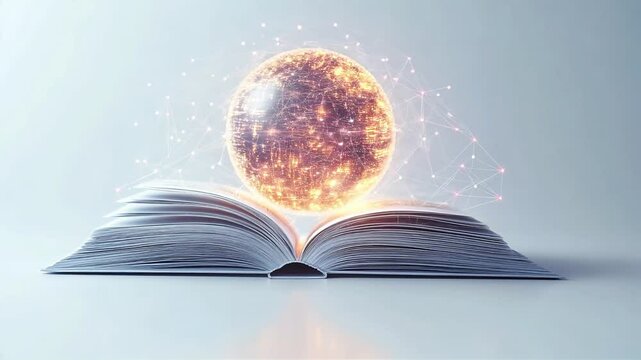 A glowing digital globe emerges from an open book, representing universal access to education through technology. It symbolizes knowledge, connectivity, and the future of learning.