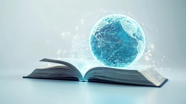 A futuristic representation of universal access to education through technology, featuring a glowing digital Earth emerging from an open book. global learning, knowledge sharing, innovation.