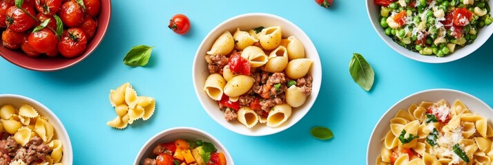 Delicious Pasta Dishes Variety - A colorful overhead shot showcasing five bowls of different pasta dishes, including pasta with meat sauce, tomato pasta, and vegetable pasta
