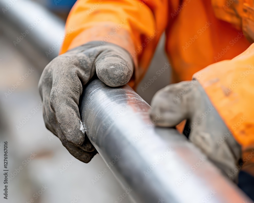 Poster a close-up of a plumber threading a metal pipe with a pipe threading tool in preparation for install