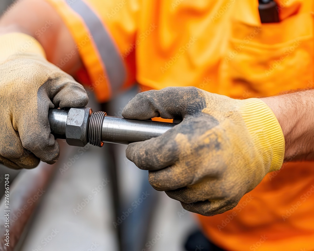 Poster close-up of a plumber threading a metal pipe with a pipe threading tool, readying it for installatio