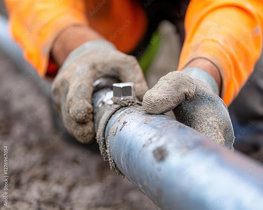 Aufkleber close-up of a plumber using a pipe threading tool to prepare a metal pipe for installation.