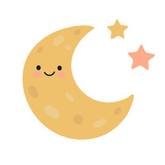 Cute crescent moon with stars for kids isolated on white background. Boho baby elements. Flat design. Vector illustration.
