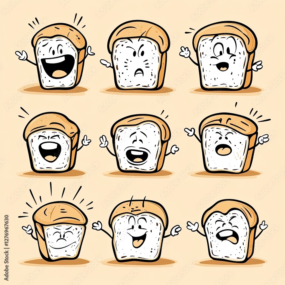 Poster funny toast characters showing different expressions. can be used in cooking or food blogs