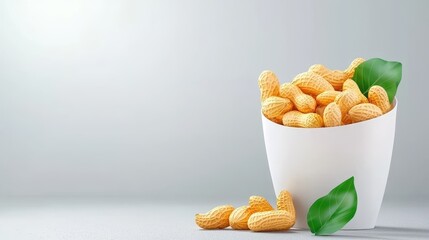 Closeup of a white bowl filled with peanuts and vibrant green leaf, healthy delicious snack