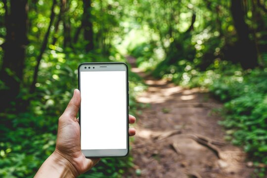 man holding a smartphone in forest street