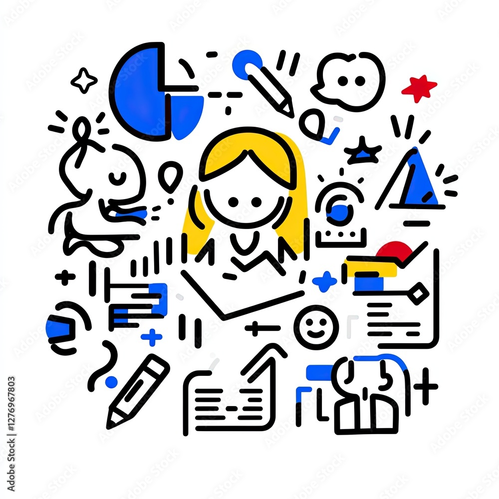 Poster graphic business concept with a person drawing analytics surrounded by symbols and charts for websit