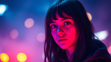 Obraz premium Neon-lit portrait, young woman with bangs, intense gaze, vibrant pink and blue lighting, bokeh background, cyberpunk aesthetic, night city atmosphere, cinematic composition, shallow depth of field, dr