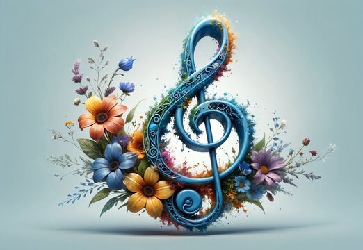 abstract blue music background with musical treble clef and flowers