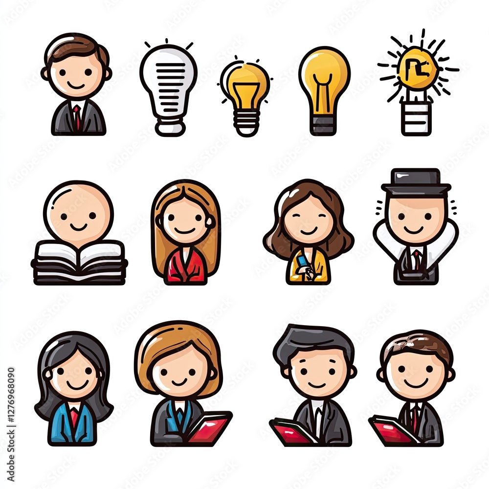 Poster group of employees generating ideas, reading, thinking and working using laptops. stock image