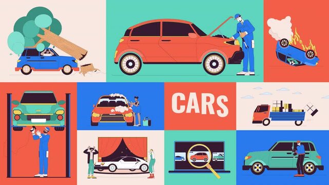 Car maintenance and automotive services animated bento grid layout. Vehicle accidents insurance, delivery, auto mechanic 2D animation flat cartoon ui collage design. 4K video motion graphic collection