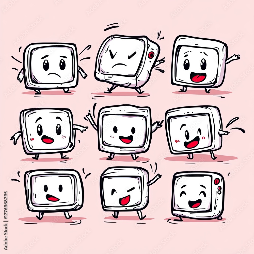 Poster group of smiling, animated tv character icons with different expressions, in a set on a light backgr