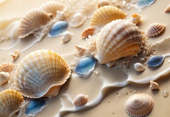 Obraz premium abstract yellow summer background with shells, sand and sea wave