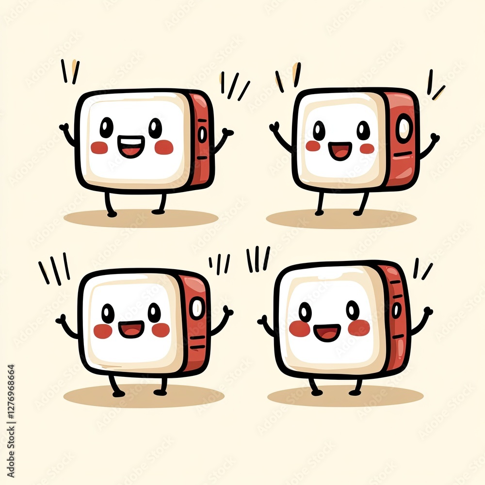 Poster happy cartoon speaker characters waving on plain background for use as fun vector icons
