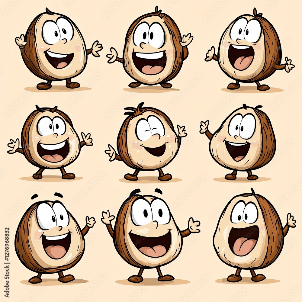 Poster happy coconuts cartoon characters collection smiling and waving hands on plain background