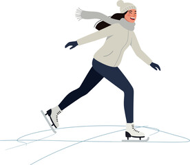 Obraz premium A cheerful young woman gracefully ice skating on a rink, dressed in winter attire, illustrated in a minimal style, showcasing dynamic movement in vector art