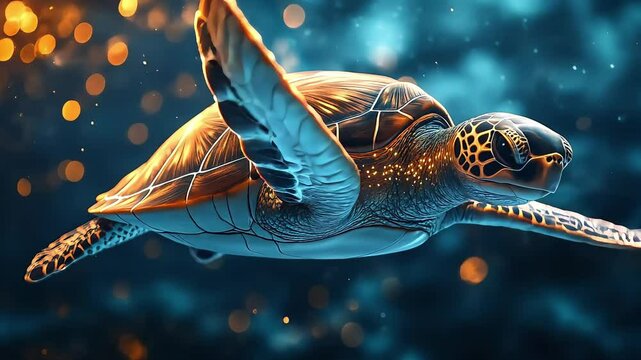 A glowing sea turtle gracefully swimming through an ocean of bioluminescent corals, with golden lights shimmering all around. The underwater scene is tranquil and magical