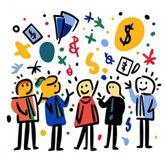 Happy office workers celebrate success with financial icons floating. Business meeting use