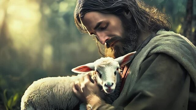 The Good Shepherd. Jesus Christ and a lamb. Holy week